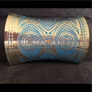 Large cuff bracelet in gold and blue w/Aztec print